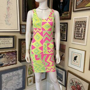 90s Vintage Neon Pink Yellow Green Geometric Print Dtretch Bodycon Dress Size S